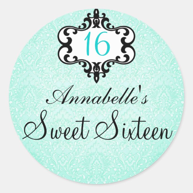 Élégant Aqua & Black Chic Damask Sweet 16 Sticker (Devant)
