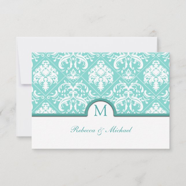 Elégant Aqua bleu et blanc Damas Monogramme RSVP (Devant)