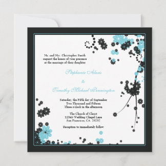 Elégant aqua + fleurs noires faire-part de mariage