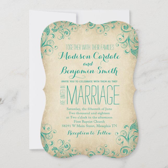 Elégant Aqua Vintage Flourish Wedding Invitations (Devant)