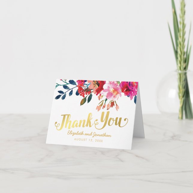 Élégant aquarelle florale or blanc Merci (Devant)
