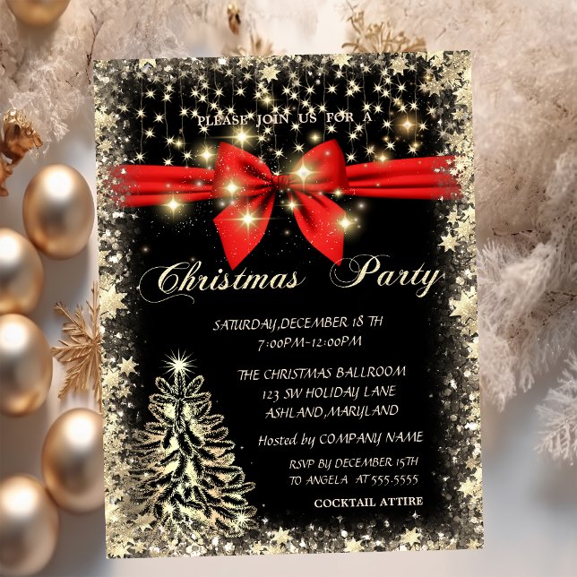 Élégant, arbre de Noël doré, étoiles  Invitation d (Créateur téléchargé)