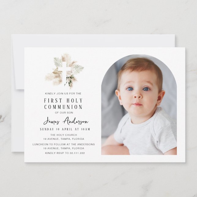 Elegant arch photo first holy communion invitation (Devant)