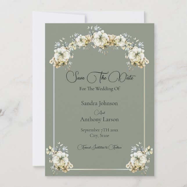 Elegant Arched Floral Sage Green Save The Date (Devant)