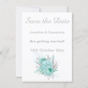 ÉLÉGANT ARGENT BLANC AQUA FLORAL SAUVER LA DATE
