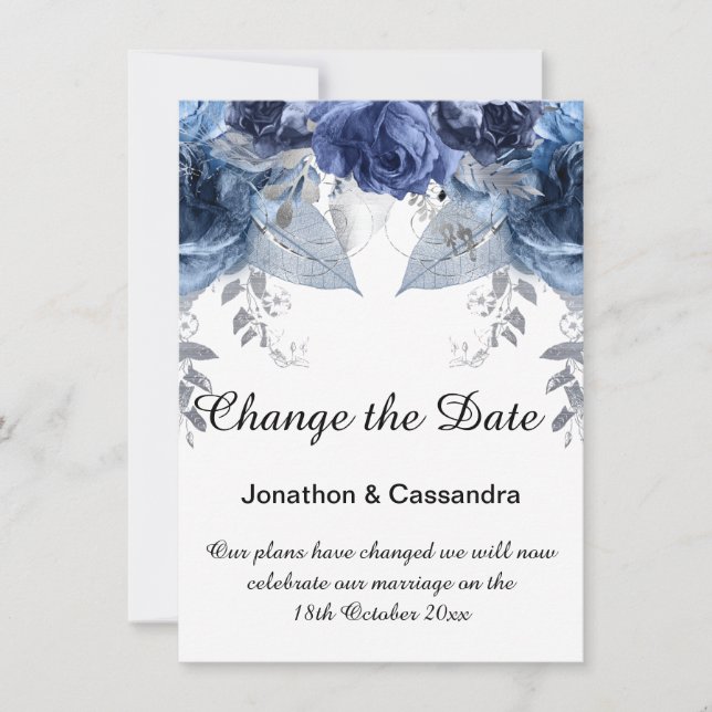 ÉLÉGANT ARGENT BLEU FLORAL CHANGER LA DATE (Devant)