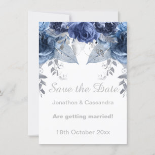 ÉLÉGANT ARGENT BLEU FLORAL SAUVER LA DATE