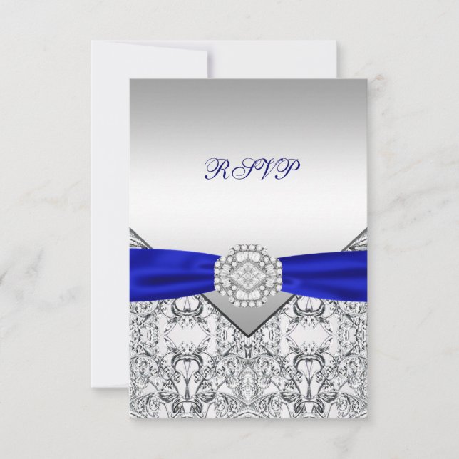 Elégant Argent et Royal Blue Wedding RSVP (Devant)