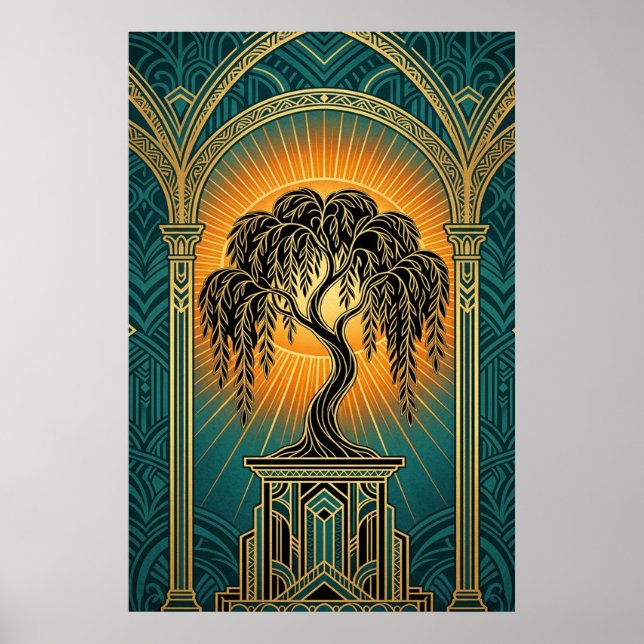 Elegant Art Deco Weeping Willow Gold & Teal Poster (Devant)
