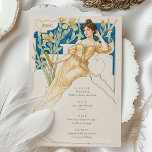 Elégant Art Nouveau Mariage Boissons Carte Menu<br><div class="desc">Ajoutez une touche de charme vintage à votre mariage grâce à cette carte de boissons d'inspiration Art Nouveau magnifiquement conçue. Sur le devant, une magnifique illustration d'une dame gracieuse dans une robe jaune-or éthérée, sur fond de motifs floraux luxuriants dans les tons bleu et vert. Le menu sophistiqué comprend une...</div>