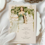 Elégant Art Nouveau Mariage Boissons Carte Menu<br><div class="desc">Améliorez l'élégance de votre mariage grâce à cette carte de boissons d'inspiration Art Nouveau. L'avant présente une illustration captivante d'une femme royale dans une robe verte coulante, ornée d'éléments floraux délicats et d'une couronne dorée, sertie sur un fond vert et or riche. Cette oeuvre d'art détaillée respire le raffinement et...</div>