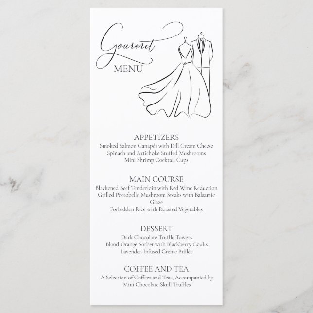 Elégant B&W Tux & Robe Mariage Menu Gourmet (Devant)