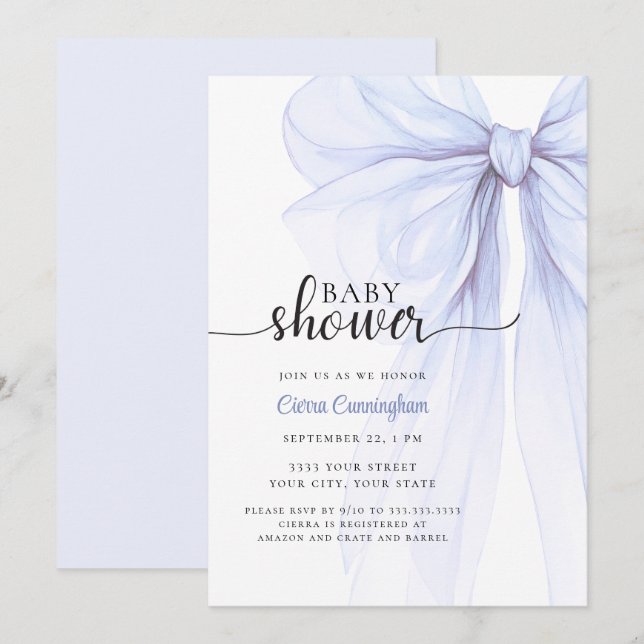 Elégant Baby shower de Bow bleu doux Invitation (Devant / Derrière)