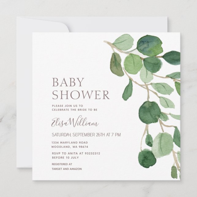 Elégant Baby shower Eucalyptus Invitation (Devant)