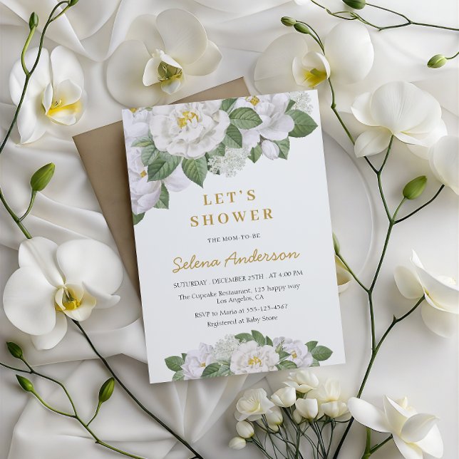 Elégant Baby shower Floral Blanc Invitation (Créateur téléchargé)