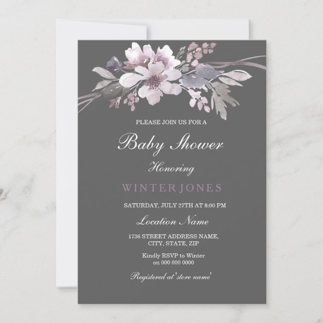 Élégant Baby shower floral gris hiver Invitation (Devant)