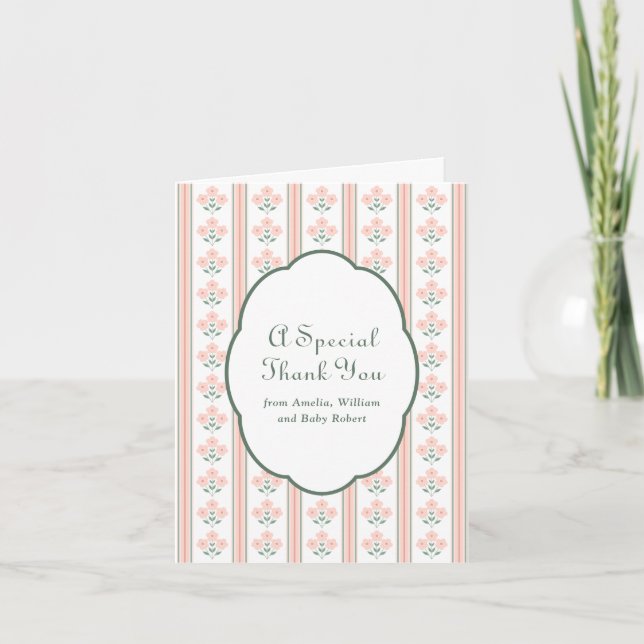 Élégant Baby shower rose rayé Fleurs Merci (Devant)
