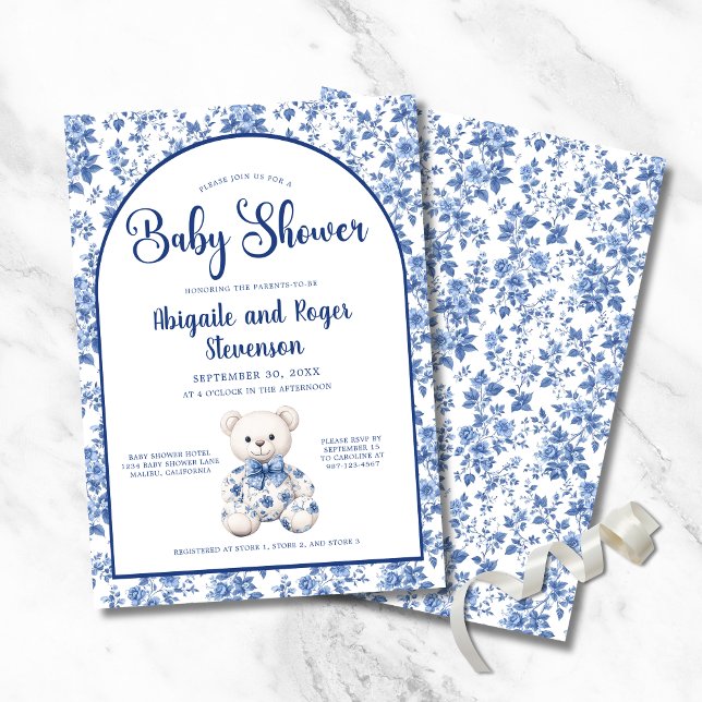 Elégant Baby shower Toile Bleu Invitation (Elegant Blue Toile Baby Shower Invitation with Toile Bear, Couple Names, Parents to Be or Mom to Be.)