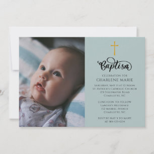 Élégant Baptême bébé Invitation avec photo et croi