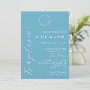 Élégant Baptême Bleu Blanc Croix Wreath Invitation