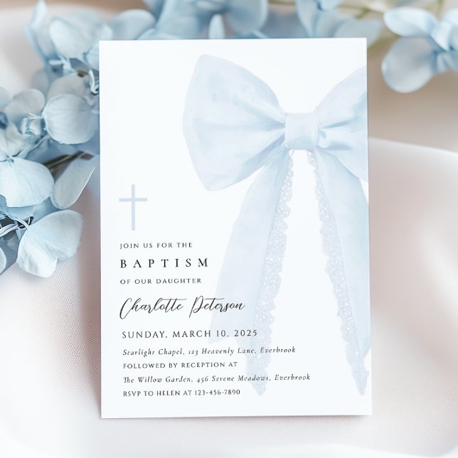 Élégant Baptême Bleu Bow Invitation (Créateur téléchargé)