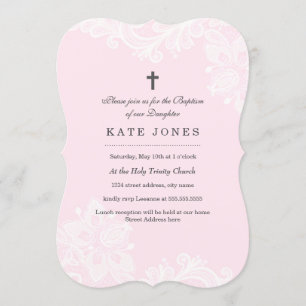 Elégant Baptême de dentelle rose blanc Invitation