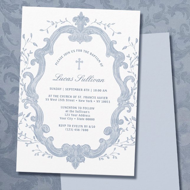 Élégant Baptême de Foliage Bleu Crest Invitation (Créateur téléchargé)