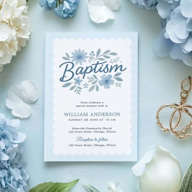 Élégant Baptême Floral Bleu Invitation (Scalloped edge baptism card with blue florals – hand holding with ribbon and envelope)