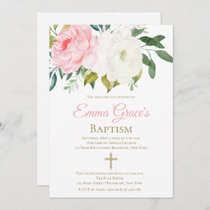 Élégant Baptême Floral Christening Invitation