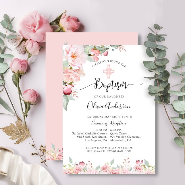 Élégant Baptême rose et Mint Floral Invitation (Créateur téléchargé)