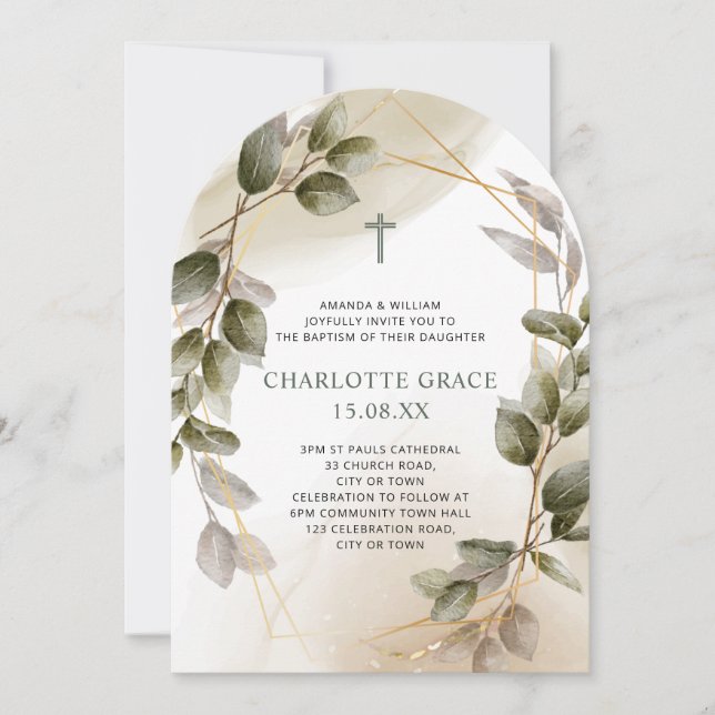 Elegant Baptism Invitation Green & Gold Botanical  (Devant)