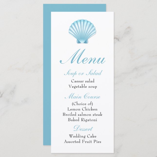 Elégant Beach Blue Nautical Seashell Menu Mariage (Devant / Derrière)