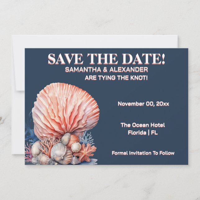 Elegant Beach Coral Wedding Invitation Blue (Devant)
