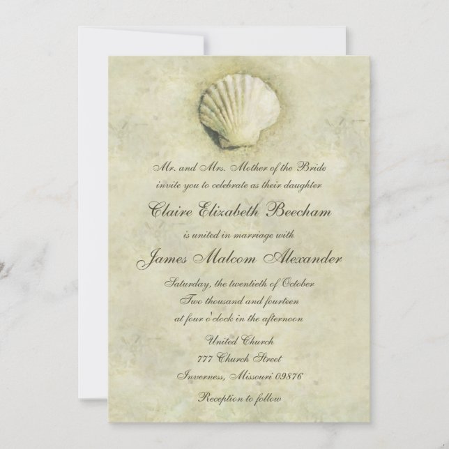 Elégant Beach Seashell 5x7 Faire-part de mariage (Devant)