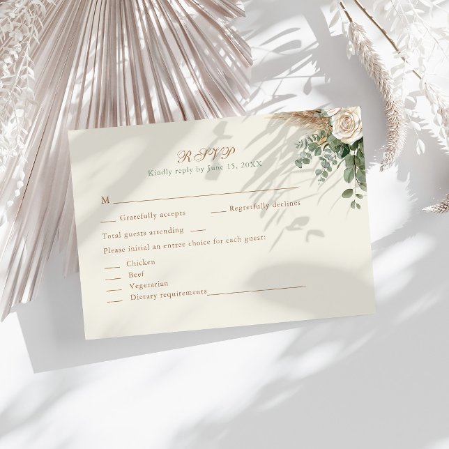 Elegant Beige Pampas Grass & Rose Wedding RSVP (Elegant Beige Pampas Grass & Rose Wedding RSVP Card on a sunny table with neutral dry botanicals)