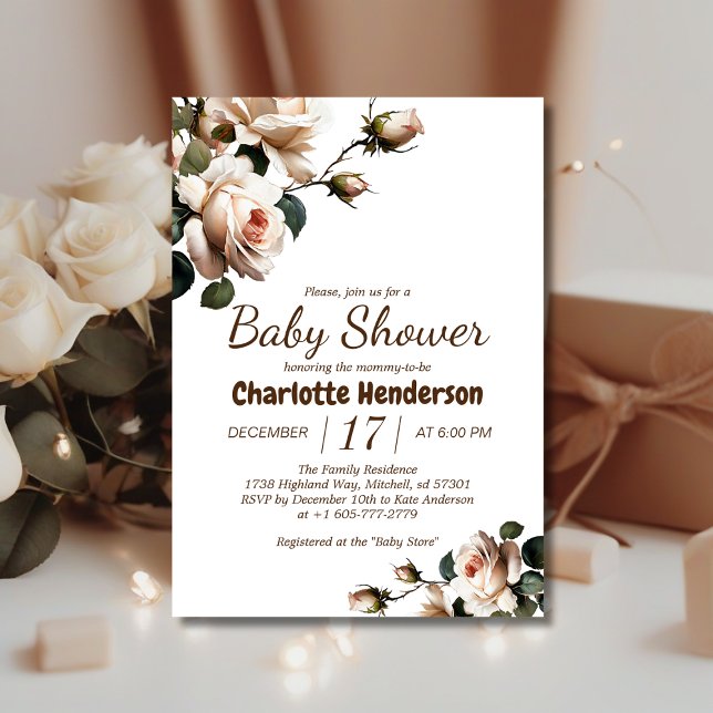 Elégant Beige Rose Baby shower fille Invitation (Gentle Girl Baby Shower Invite!)
