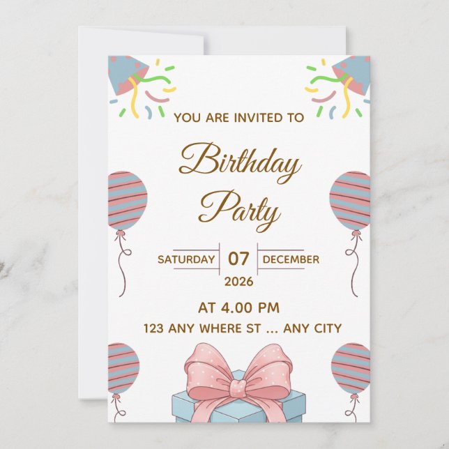 Elegant Birthday Party Invitation with Balloons (Devant)