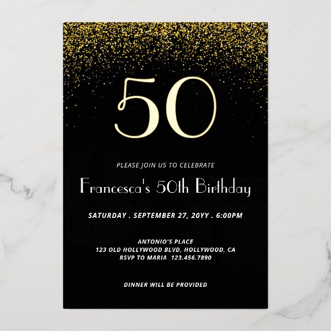 Elégant Black 50e anniversaire Foil Invitation (Recto)