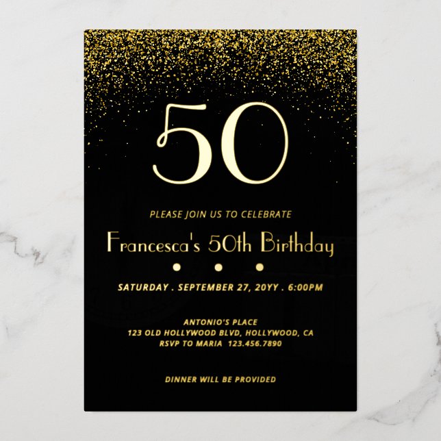 Elégant Black 50e anniversaire Foil Invitation (Recto)
