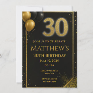Elégant Black and Gold 30th Birthday Invitation