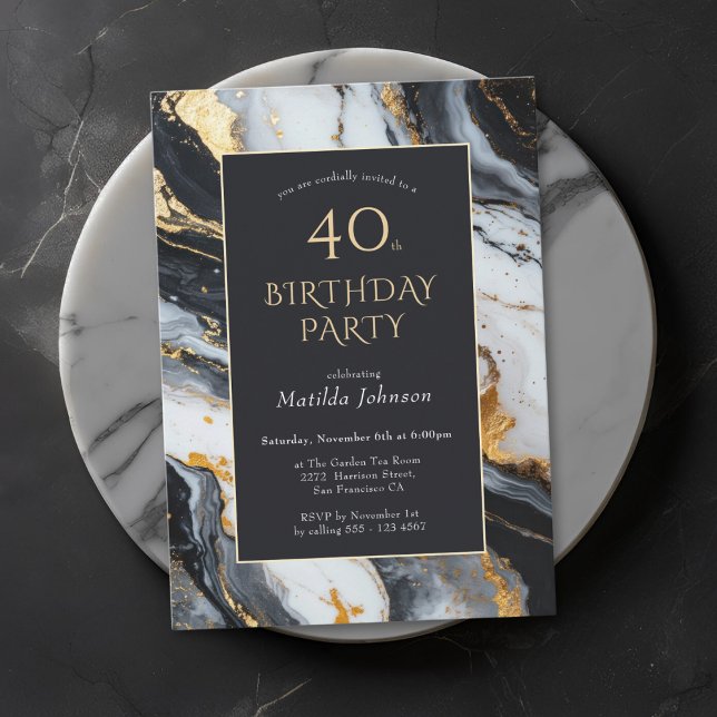 Elégant Black and Gold 40th Birthday Invitation (Elegant Black and Gold 40th Birthday Invitation)