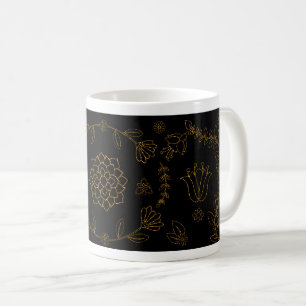 Élégant Black and Gold Floral Folk Art Mug