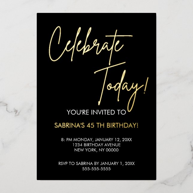  Elegant Black and Gold Foil Birthday Invitation (Recto)