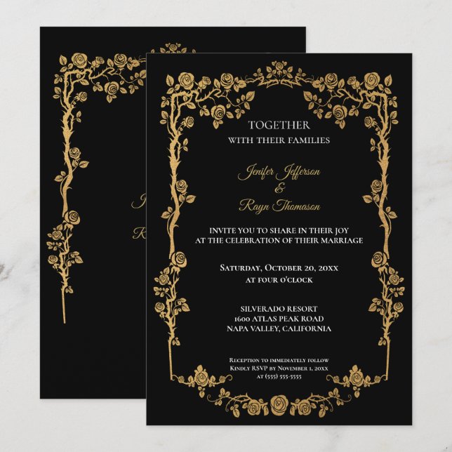 Elegant black and gold Gothic wedding Invitation (Devant / Derrière)