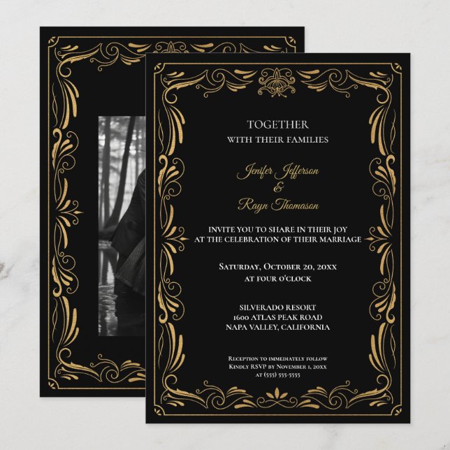 Elegant black and gold Gothic wedding Invitation (Devant / Derrière)