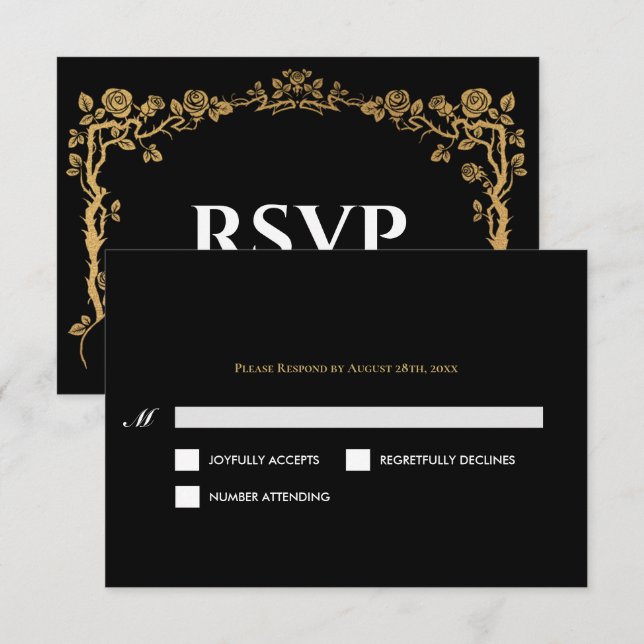 Elegant black and gold Gothic Wedding RSVP Card (Devant / Derrière)