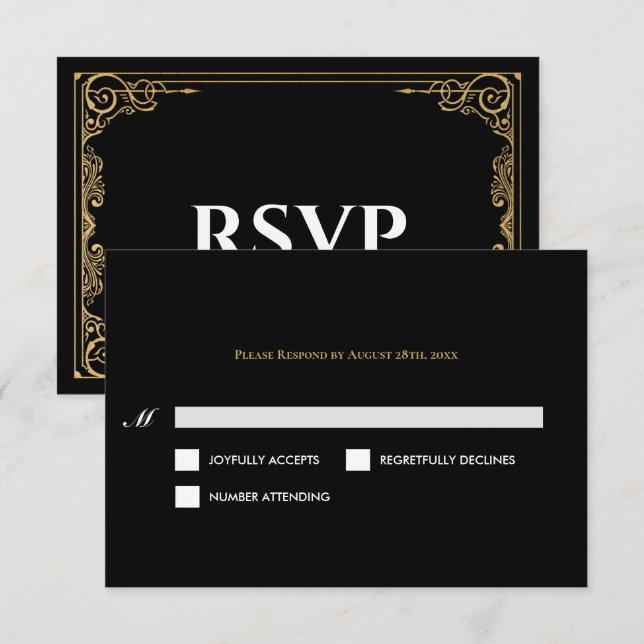 Elegant black and gold Gothic Wedding RSVP Card (Devant / Derrière)