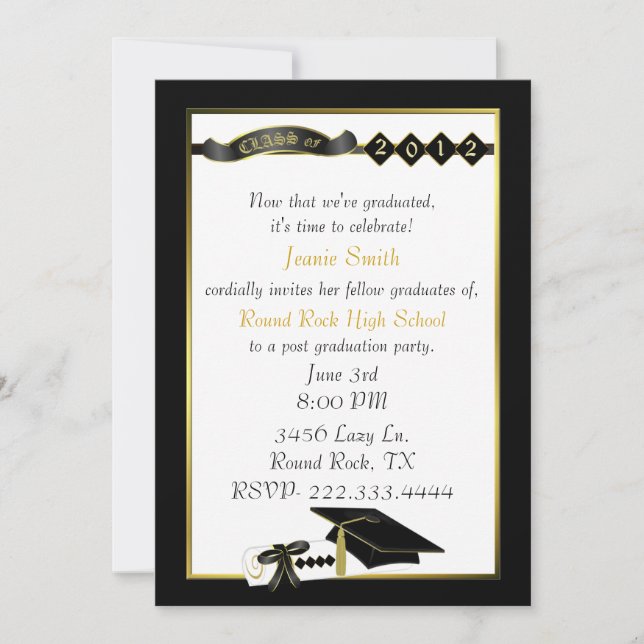 Élégant Black and Gold Graduation Party Invitation (Devant)