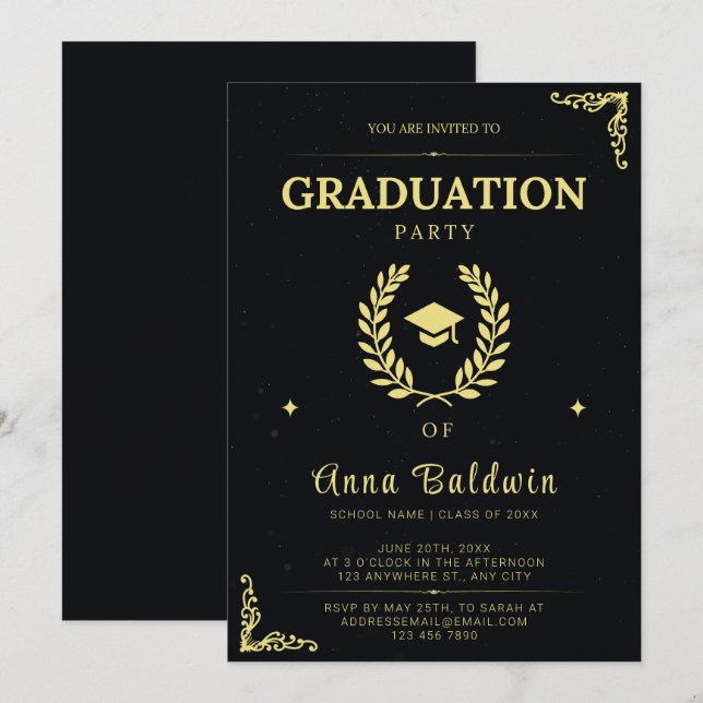 Élégant Black and Gold Graduation Party Invitation (Devant / Derrière)