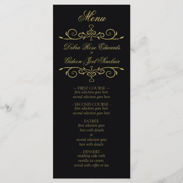Elégant Black and Gold Heart Flourish Menu Mariage (Devant)